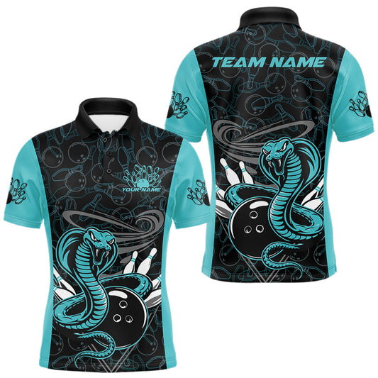 Maxcorners Custom Blue Cobra Snake Bowling Team Men Polo Shirts, Bowling Pattern Shirt LM1203