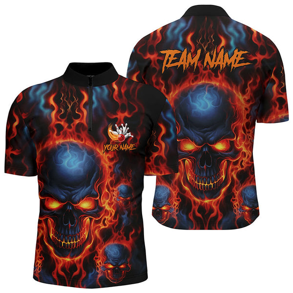 MaxCorners Bowling Ball And Pins Flame Skull Customized Name, Team Name 3D Stand Collar Zipper Polo Shirt