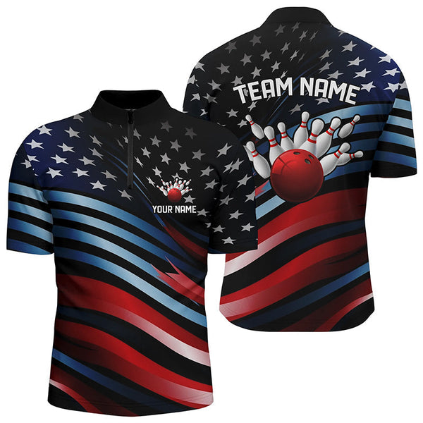 MaxCorners Bowling Ball And Pins American Flag Team Bowling Customized Name, Team Name 3D Stand Collar Zipper Polo Shirt