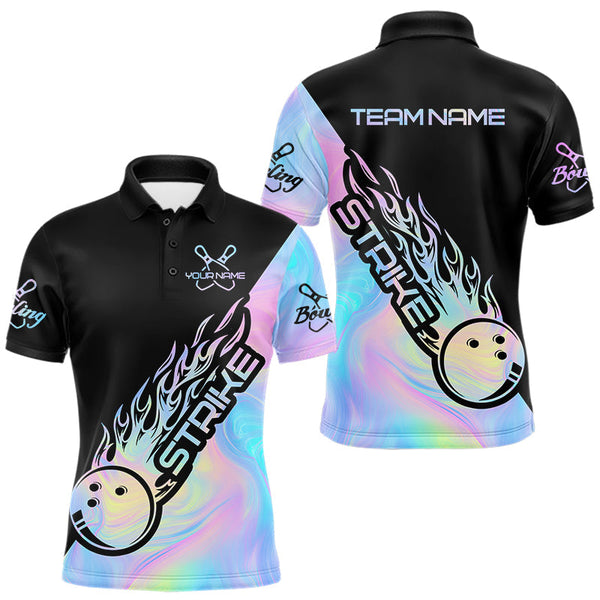 Maxcorners Custom Hologram Flame Strike  2 Bowling Polo Shirts For Men, Bowling Team Bowler Outfit MT1309