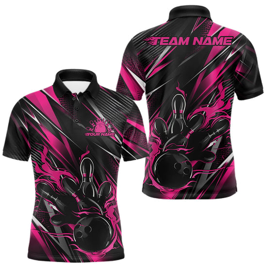 Maxcorners Black And Pink Flame Custom Bowling Men Polo Shirt, Bowling Tournament Team Jersey