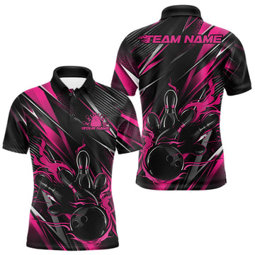 Maxcorners Black And Pink Flame Custom Bowling Men Polo Shirt, Bowling Tournament Team Jersey