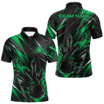 Maxcorners Black And Green Flame Custom Bowling Men Polo Shirt, Bowling Tournament Team Jersey