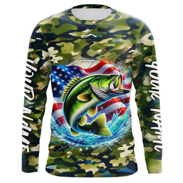 Maxcorners US Flag Largemouth Bass Fishing Camo Custom Patriotic Long Sleeve Tournament Fishing Shirts LM0201