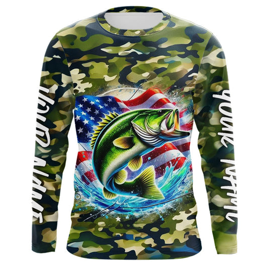 Maxcorners US Flag Largemouth Bass Fishing Camo Custom Patriotic Long Sleeve Tournament Fishing Shirts LM0201