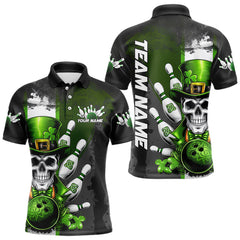 Maxcorners Custom Black And Green Lucky Clover St Patricks Day Skull Bowling Team Polo Shirts For Men