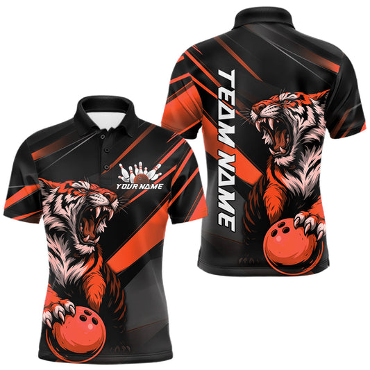 Maxcorners Custom Black And Orange Tiger Bowling Team Men Shirt, Bowling League Shirt Bowler Uniform LM2602