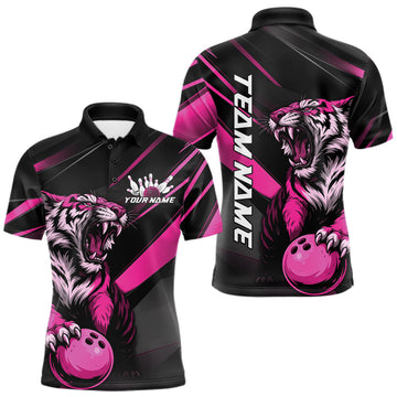 Maxcorners Custom Black And Pink Tiger Bowling Team Men Shirt, Bowling League Shirt Bowler Uniform LM2602