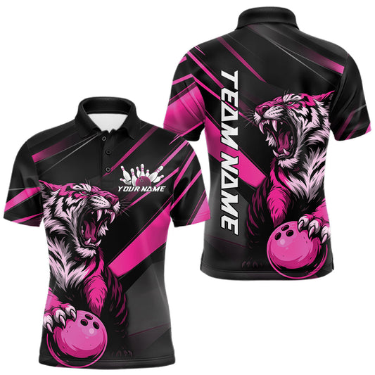 Maxcorners Custom Black And Pink Tiger Bowling Team Men Shirt, Bowling League Shirt Bowler Uniform LM2602