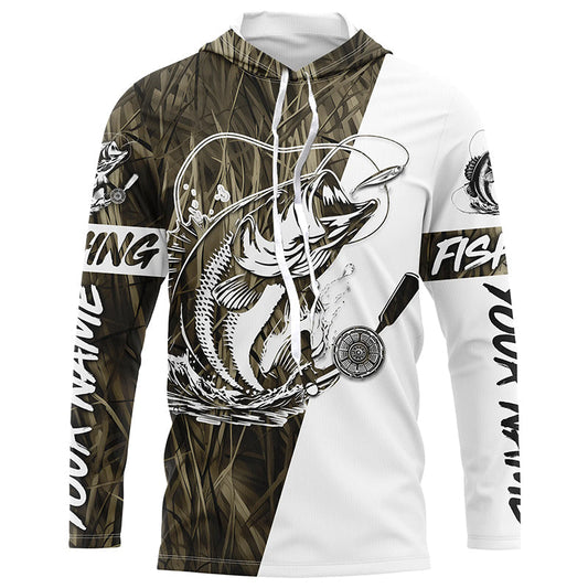 Maxcorners Custom Bass Fishing Tattoo Grass Camo Long Sleeve Tournament Fishing Shirts, Bass Fishing Jerseys LM0201