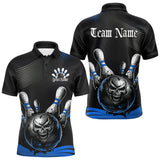 Maxcorners Custom Black And Blue Grunge Style Skull Bowling Polo Shirts For Men, Bowling Team Uniform