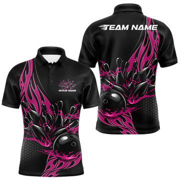Maxcorners Custom Pink Flame Bowling Men Polo Shirt, Team Jerseys Bowling League Shirt