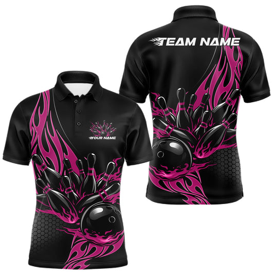 Maxcorners Custom Pink Flame Bowling Men Polo Shirt, Team Jerseys Bowling League Shirt