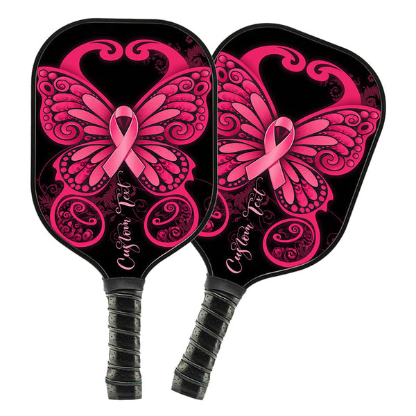 Maxcorners Custom Black And Pink Breast Cancer Ribbon Butterfly Custom Pickleball Paddle, Breast Cancer Awareness Paddles