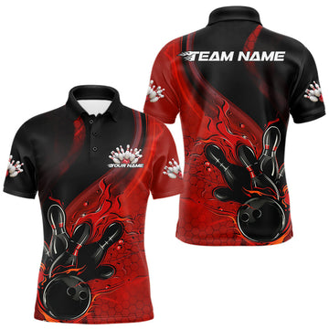 Maxcorners Custom Black And Red Flame Bowling Polo Shirt For Men, Bowling Team League Shirt MT1309