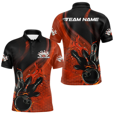 Maxcorners Custom Black And Orange Flame Bowling Polo Shirt For Men, Bowling Team League Shirt LM1809