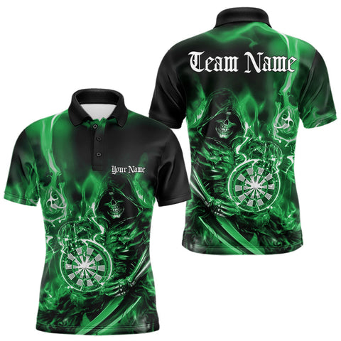 Maxcorners Custom Black And Green Flame Grim Reaper Dart Team Men Polo Shirts, Halloween Dart Otufit LM1610