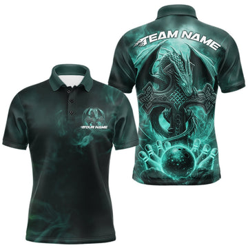 Maxcorners Custom Turquoise Blue Flame Celtic Cross Dragon Bowling Team Shirts, Faith Bowling Tournament Shirts LM1501