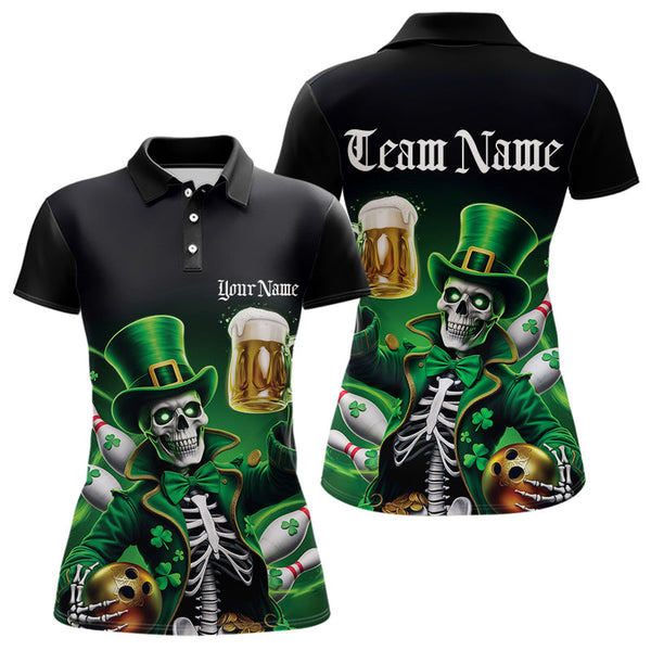 Maxcorners Custom Funny St Patricks Day Leprechaun Skull With Beer Bowling Team Polo Shirts Team Outfits