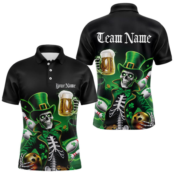 Maxcorners Custom Funny St Patricks Day Leprechaun Skull With Beer Bowling Team Polo Shirts Team Outfits