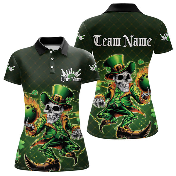 Maxcorners Custom Funny St Patricks Day Leprechaun Skull Bowling Team Polo Shirts, Tournament Outfits