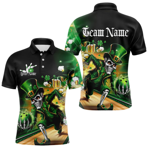 Maxcorners Custom Funny St Patricks Day Leprechaun Skull With Beer Bowling Team Polo Shirts Team Outfit