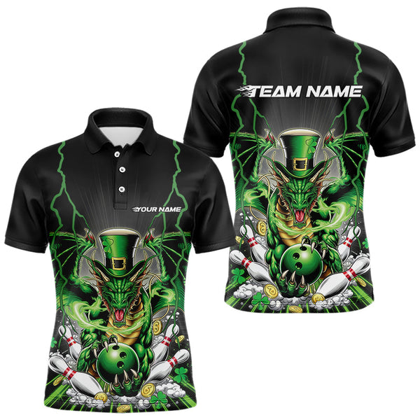 Maxcorners Custom Black And Green St Patricks Dragon Bowling Polo Shirts For Men, Lucky Dragon Bowling