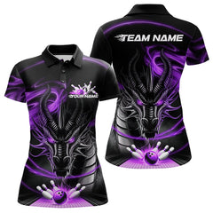 Maxcorners Custom Black And Purple Flame Dragon Bowling Team Men Polo Shirts, Bowling League Shirt LM193