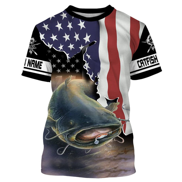 Maxcorners Flathead Catfish Fishing American Flag Customize Name 3D Shirts