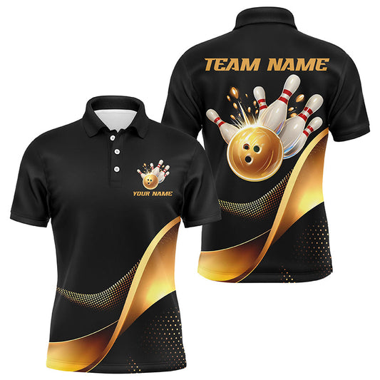 Maxcorners Black And Gold Bowling Ball And Pins Custom Bowling Shirts Bowling Team Tournament Jerseys Shirt For Women
