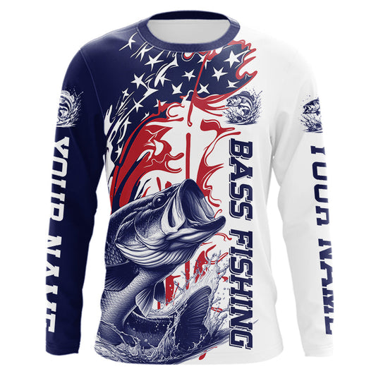 Maxcorners Custom Patriotic Largemouth Bass Long Sleeve Fishing Shirts, Red White And Blue Fishing Shirt LM0201