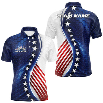 Maxcorners Custom Patriotic Bowling Shirt, Red White And Blue Hexagon American Flag Men Polo Shirt