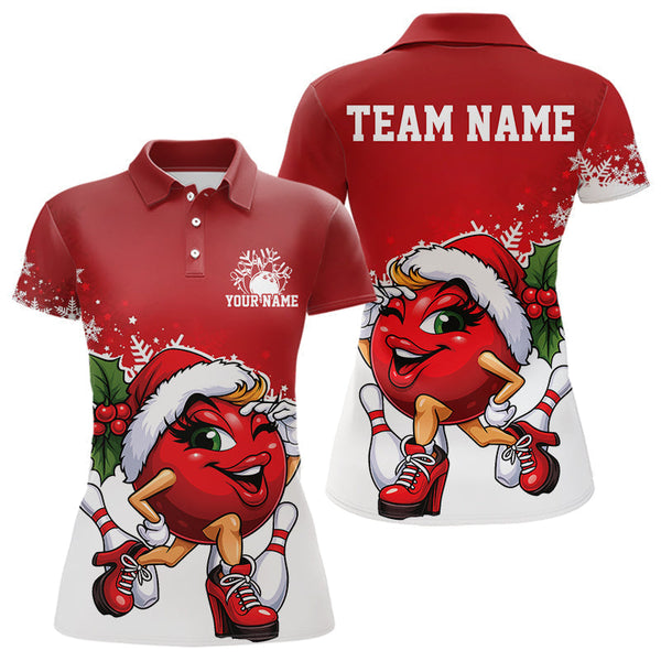 Maxcorners Custom Cute Funny Ladies  Ver 2 Christmas Bowling Polo Shirts, Women Team Xmas Bowling Outfit MT1511