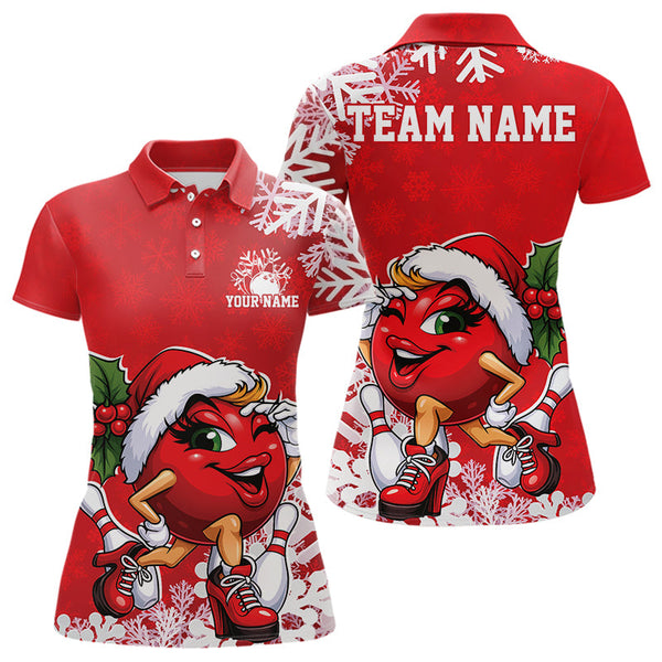Maxcorners Custom Cute Funny Ladies Ver 4 Christmas Bowling Polo Shirts, Women Team Xmas Bowling Outfit MT1511