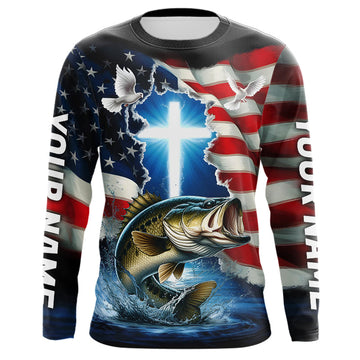 Maxcorners Custom Faith Largemouth Bass Patriotic Long Sleeve Tournament Fishing Shirt, US Fishing Jerseys LM0201