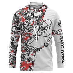 Maxcorners Custom Largemouth Bass Long Sleeve Tournament Fishing Shirts, Bass Fishing Jerseys | Gray Red Camo LM0201