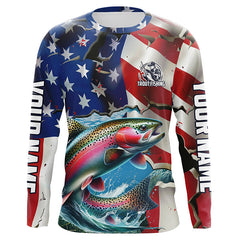 Maxcorners Custom American Flag Rainbow Trout Long Sleeve Fishing Shirts, Patriotic Trout Fisherman Jerseys  LM2408