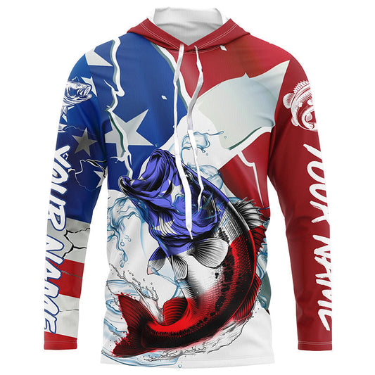 Maxcorners Bass Fishing American Flag Custom Performance Long Sleeve Fishing Shirts, Patriotic Fishing Gifts LM0201