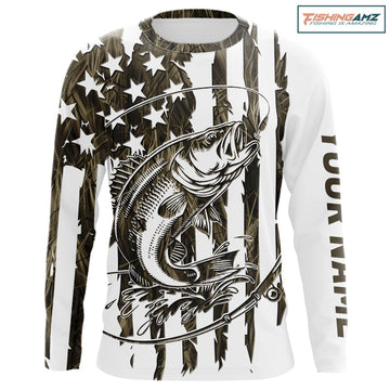 Maxcorners Custom Patrotic Largemouth Bass Long Sleeve Camo Fishing Shirts, Bass US Fishing Shirt LM0201