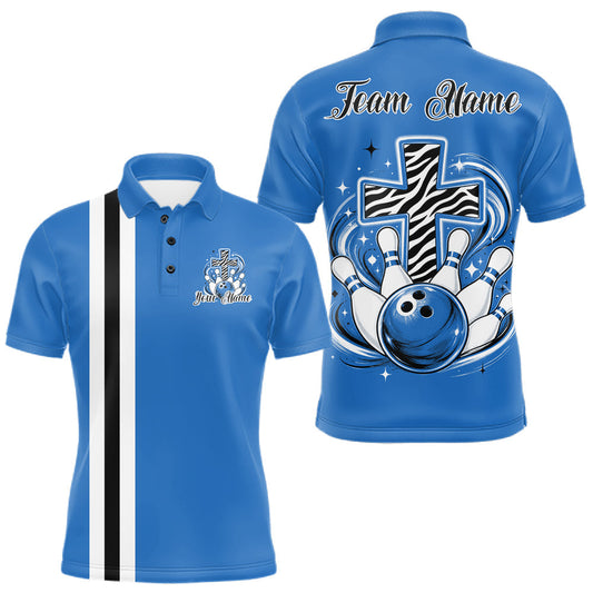 Maxcorners Blue Custom Multi Color Zebra Animal Print Pattern Faith Cross Bowling League Shirt For Men, Women And Kid, Bowling Jerseys