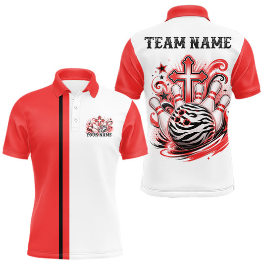 Maxcorners Red Custom Multi Color Zebra Animal Print Pattern Faith Cross Bowling League Shirt For Men, Women And Kid, Bowling Jersey