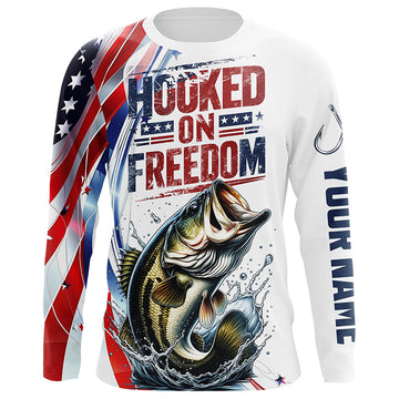 Maxcorners American Flag Bass Fishing Custom Long Sleeve Fishing Shirts, Patriotic Bass Fishing Jerseys LM0501