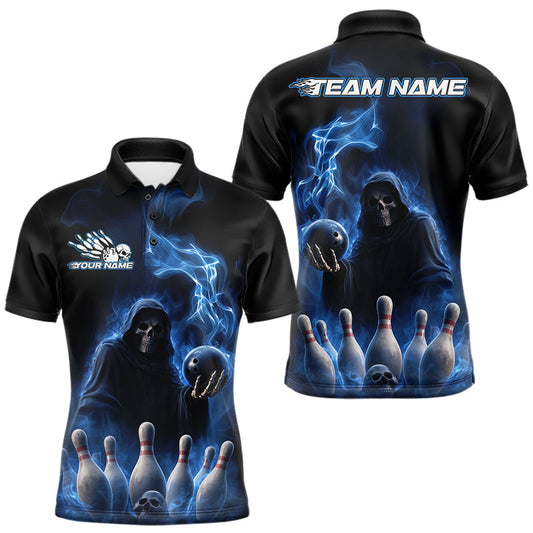 Maxcorners Custom Blue Flame Grim Reaper Bowling Men Polo Shirts, Skull Halloween Bowler Outfit LM1203