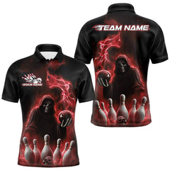 Maxcorners Custom Red Flame Grim Reaper Bowling Men Polo Shirts, Skull Halloween Bowler Outfit TU1908