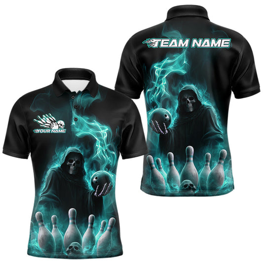 Maxcorners Custom Turquoise Blue Flame Grim Reaper Bowling Men Polo Shirts, Halloween Bowler Outfit LM1203