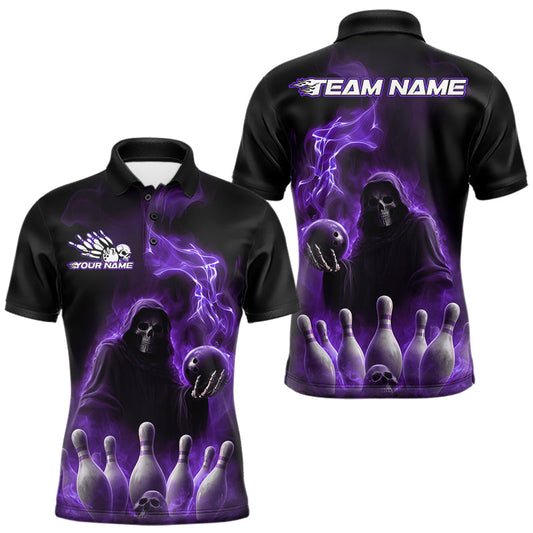 Maxcorners Custom Purple Flame Grim Reaper Bowling Men Polo Shirts, Halloween Bowler Outfit LM1203