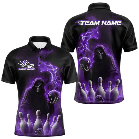Maxcorners Custom Purple Flame Grim Reaper Bowling Men Polo Shirts, Halloween Bowler Outfit TU1908