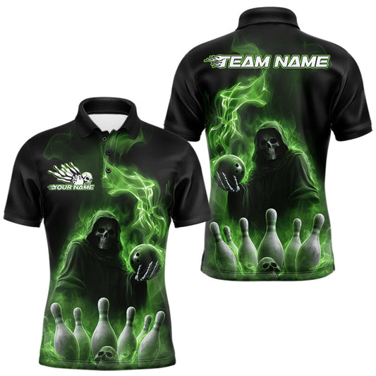 Maxcorners Custom Green Flame Grim Reaper Bowling Men Polo Shirts, Halloween Bowler Outfit LM1203