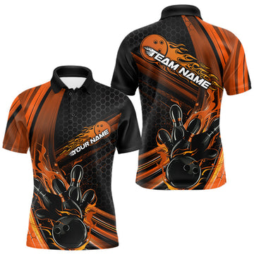 Maxcorners Custom Black And Orange Flame Bowling Jerseys, Bowling Team Polo Shirts For Men LM1903
