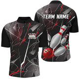 MaxCorners Bowling And Pins Red Thunder Lightning Customized Name, Team Name 3D Stand Collar Zipper Polo Shirt For Men